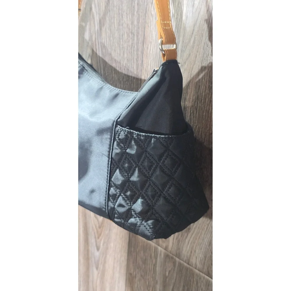 Liz Claiborne Black Quilted Nylon Shoulder‎ Bag with Tan Trim